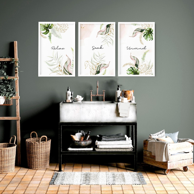 Bathroom decor wall art prints with frames, Botanical Shabby Chic 3 piece wall art prints, Sage green French Country Spa Decor wall art