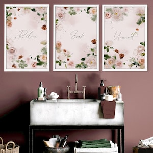 Trendy Shabby Chic framed set of 3 wall art prints for a French Country Bathroom home decor, Farmhouse wall prints for Toilet Spa Decor