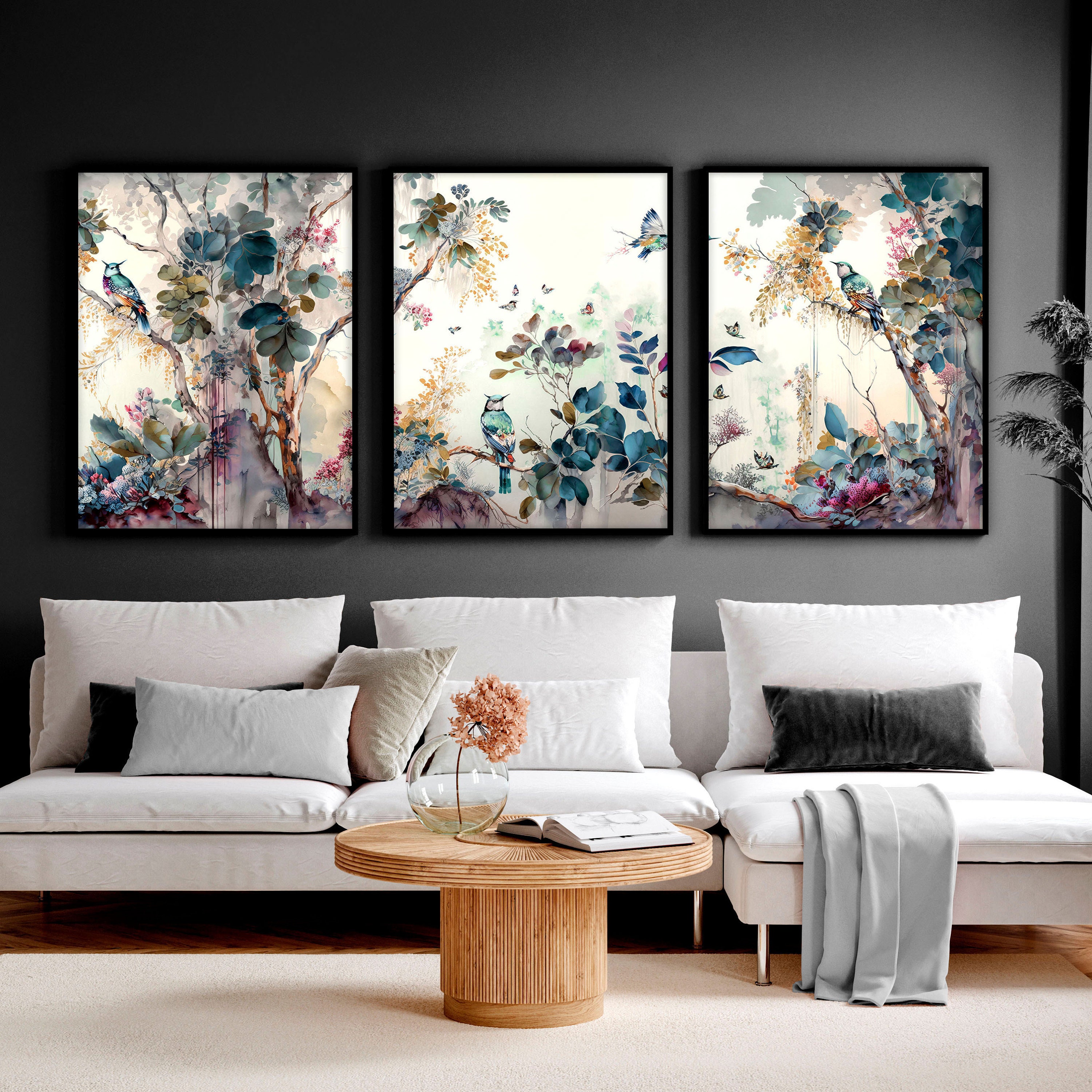 Chinoiserie Framed Wall Art 3 Piece Set, Extra Large Vintage Asian