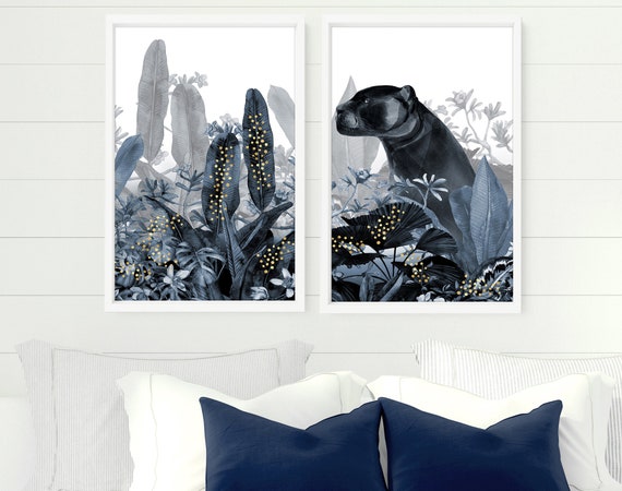 Eclectic set of 2 framed wall art prints for a Tropical Maximalist Bedroom Decor, Luxury Puma gallery wall art set for Above Bed Decor