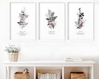 Maroon Botanical Christian Home decor wall art, Modern Christian Bible Verse wall art Prints, Set of 3 Bible Sketches Framed art prints