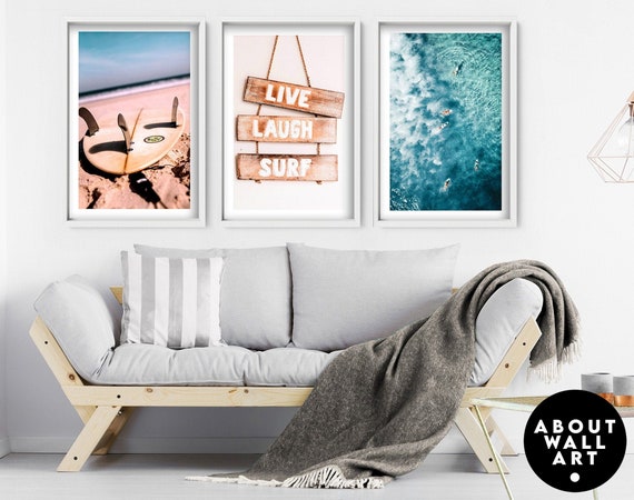 Surf beach decor set of 3 wall art prints, Coastal summer beach themed decor, Modern minimalist seashells framed wall art prints