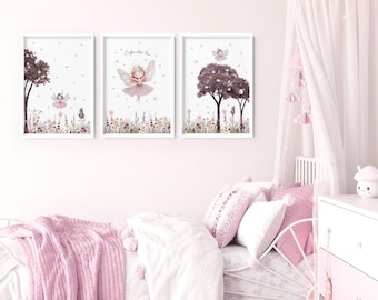 Fairy tale nursery wall art, set of 3 framed wall art for girls room, name sign for baby girl, little girl bedroom wall decor, canvas art