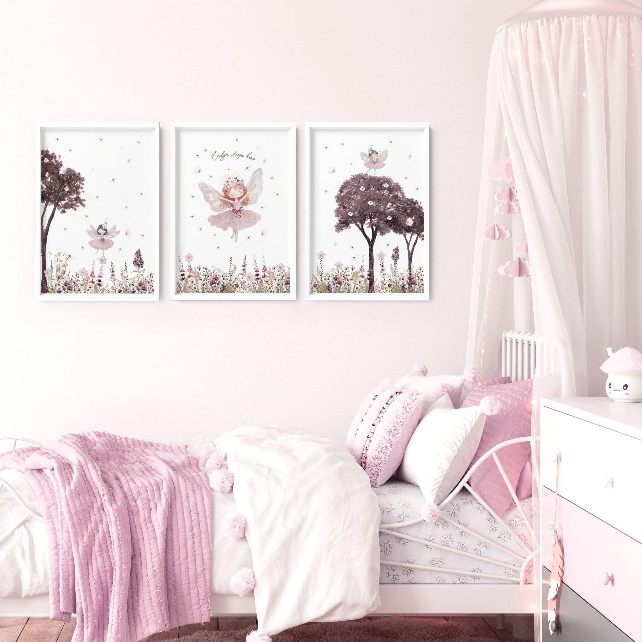 Fairy tale nursery wall art, set of 3 framed wall art for girls room, name sign for baby girl, little girl bedroom wall decor, canvas art