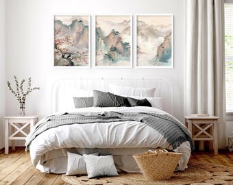 Chinoiserie framed wall art 3 piece set, Bedroom wall decor, Large Vintage Asian Triptych wall art, Botanical above bed decor wall hanging