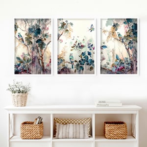Chinoiserie framed wall art 3 piece set, extra large Vintage Asian Triptych wall art, Eclectic Botanical wall decor living room wall hanging