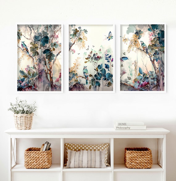 Chinoiserie Framed Wall Art 3 Piece Set, Extra Large Vintage Asian
