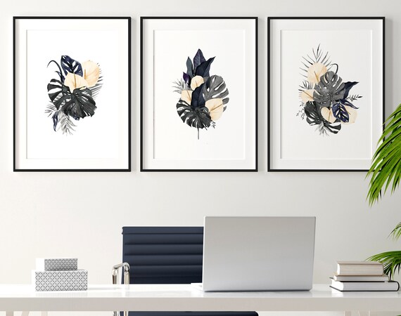 Home Office Decor for women framed 3 piece wall art print Set, Tropical Watercolor Greenery Designer Wall Art for Office Professional Decor