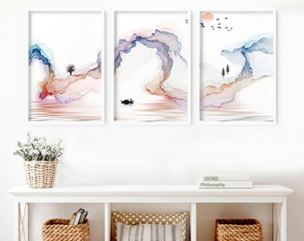 Decorazione da parete per soggiorno, decorazione da parete per la casa, regalo per la nuova casa con arte giapponese, regalo per l'ufficio, set di 3 stampe con giardino zen