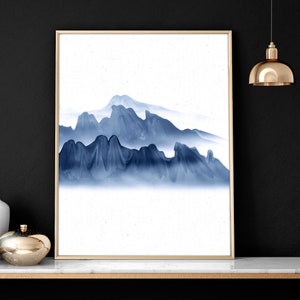 Calming Japanese Office desk Decor for men set of 3 framed panel wall art, Blue Large Japandi Designer Landscape gallery wall art set