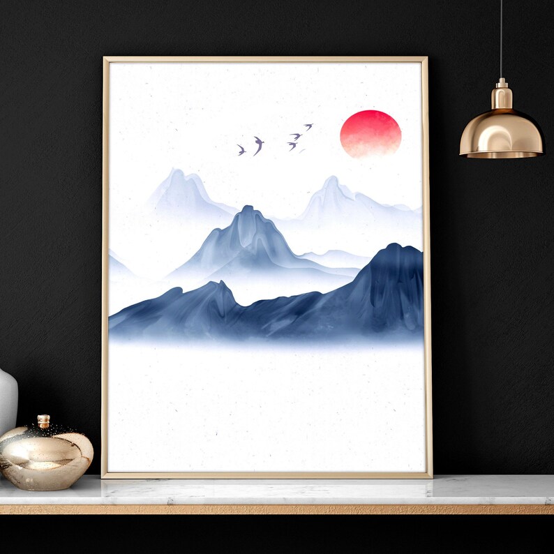 Calming Japanese Office desk Decor for men set of 3 framed panel wall art, Blue Large Japandi Designer Landscape gallery wall art set