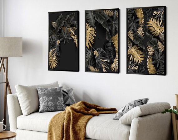 Home Decor Wall hanging set x 3 framed wall art Prints for Living Room, Gold luxury Botanical wall art prints for a Tropical Decor new house