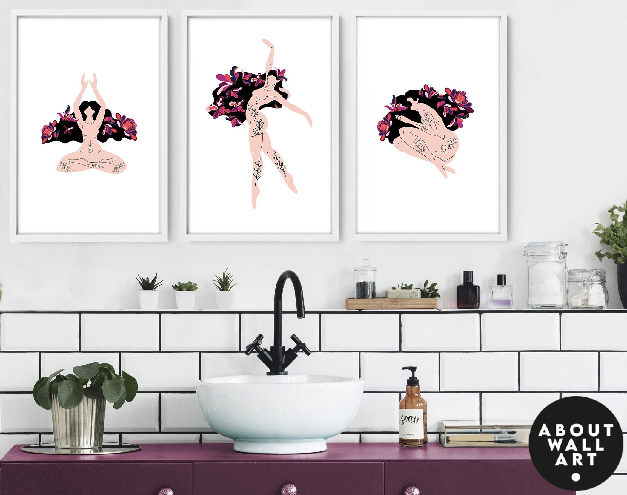 Home Decor Bathroom art prints set of 3 Botanical Tropical | Etsy