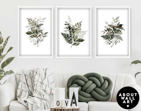 Botanical watercolor greenery set of 3 piece wall art decor prints for living room, Calming nature wall art, housewarming gift first home