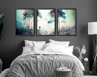 Chinoiserie framed wall art 3 piece set, Bedroom wall decor, Large Vintage Asian Triptych wall art, Botanical above bed decor wall hanging