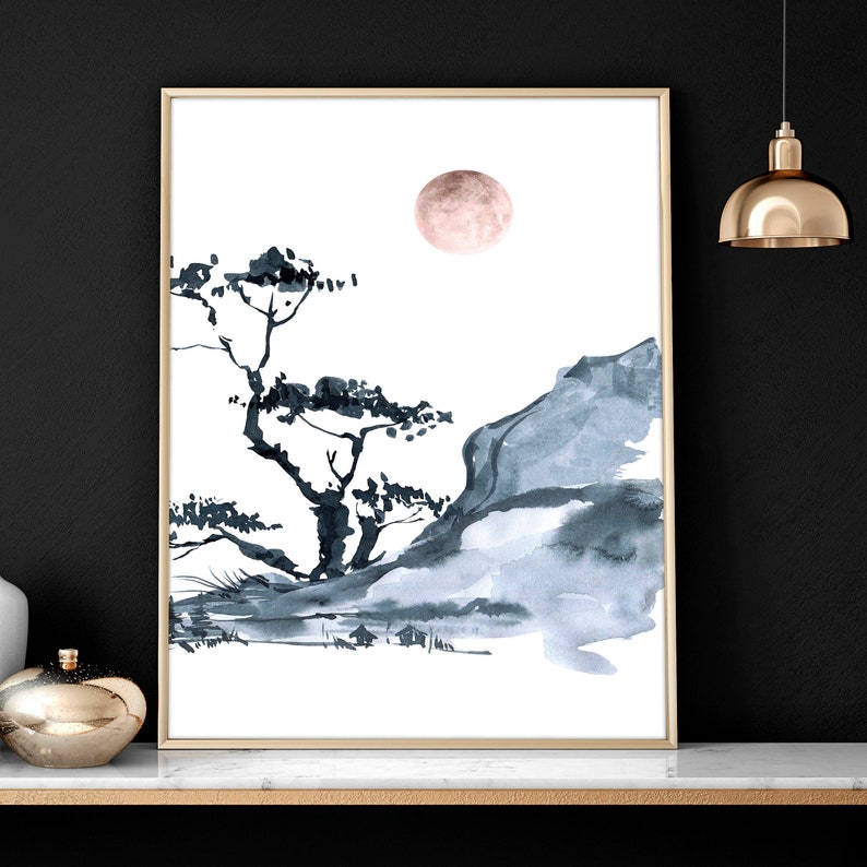 Japanese wall art decor, Japandi Cherry blossom framed 3 piece wall art prints for living room, zen wall hanging home decor set of 3 posters
