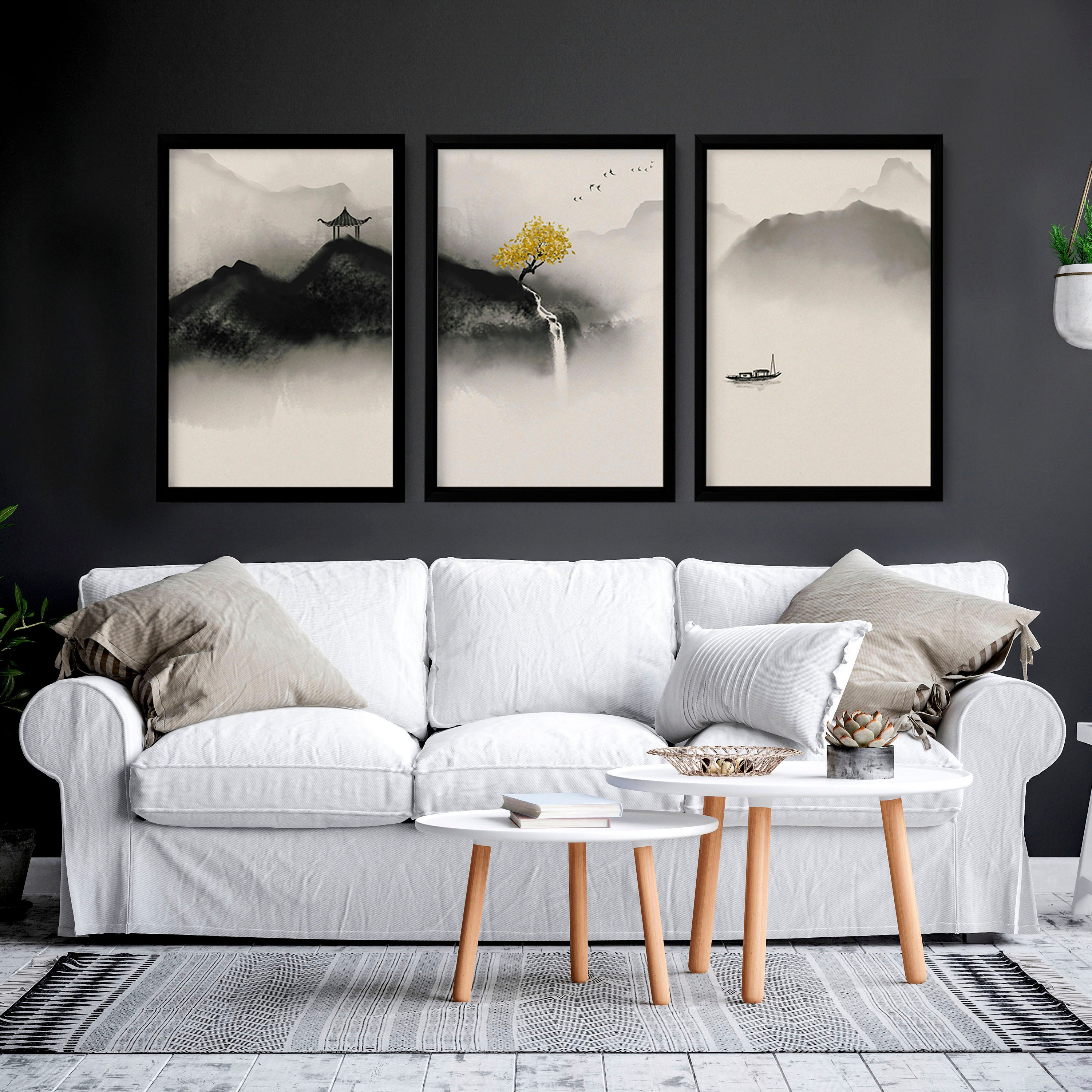 Japandi Wall Art Set of 3 Zen Wall Art Prints, Japanese Yellow