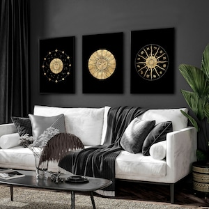 Sun and moon set of 3 framed wall art prints for living room decor, Black & Gold extra large Designer gallery wall art set for new home gift