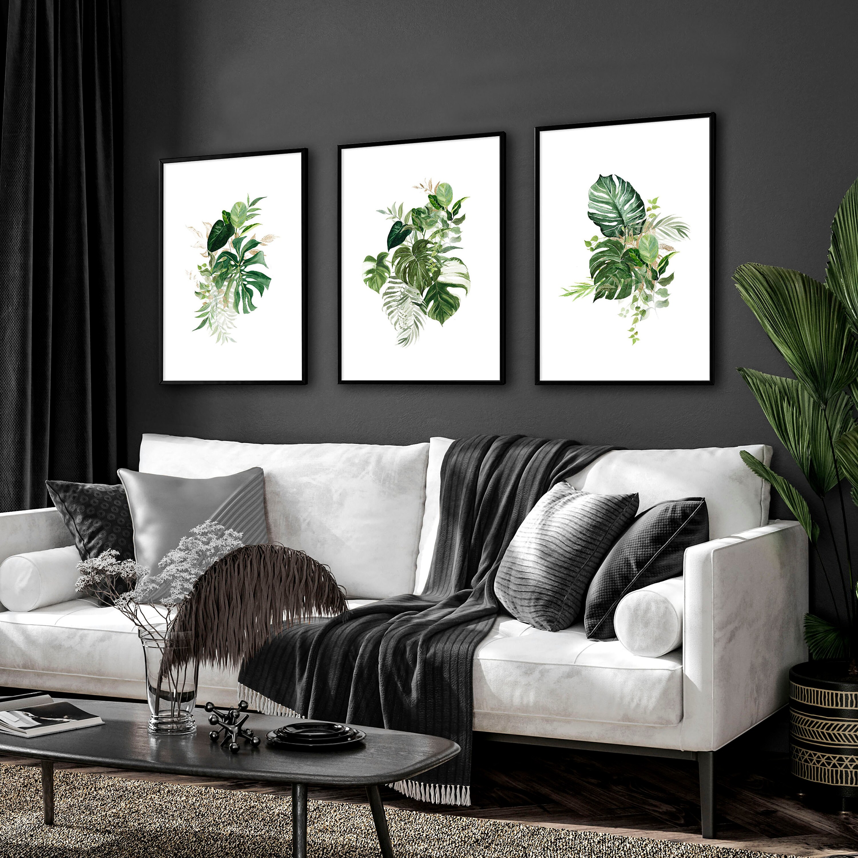 Trendy Tropical Botanical Living Room Decor Framed 3 Piece Wall
