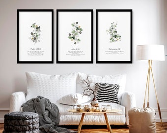 Modern Christian Bible Verse wall art Prints, Set of 3 Bible Sketches Framed art prints, Green Botanical Christianity wall art decor