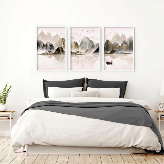 Japanese Landscape Set of 3 Framed Wall Art Prints for a Relaxing