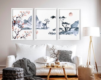 Japanese Painting poster prints set x 3, calming office decor, Asian inspired wall decor, Landscape minimalist mountain scape prints