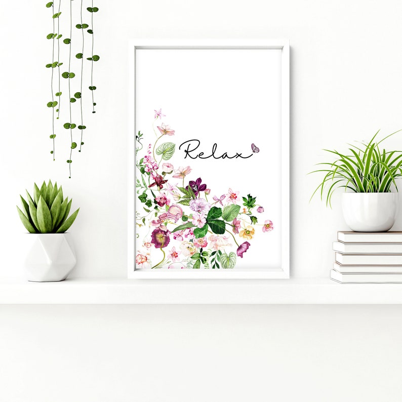 Botanical Floral framed set of 3 wall art prints for a Shabby Chic Bathroom home decor, Relax soak unwind wall prints for Toilet wall Decor
