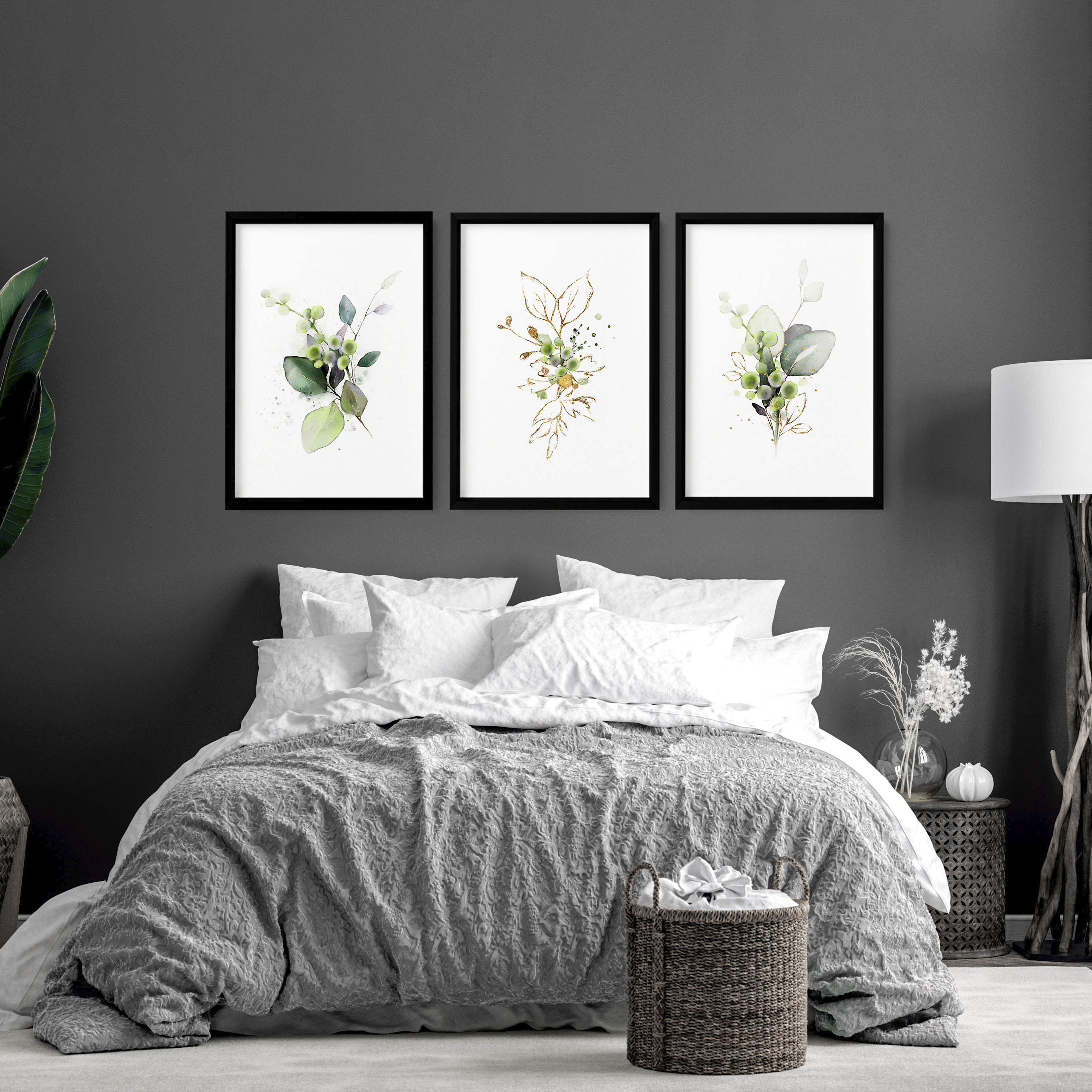 Above Bed Decor Botanical Watercolor Greenery Framed 3 Piece Wall Art ...