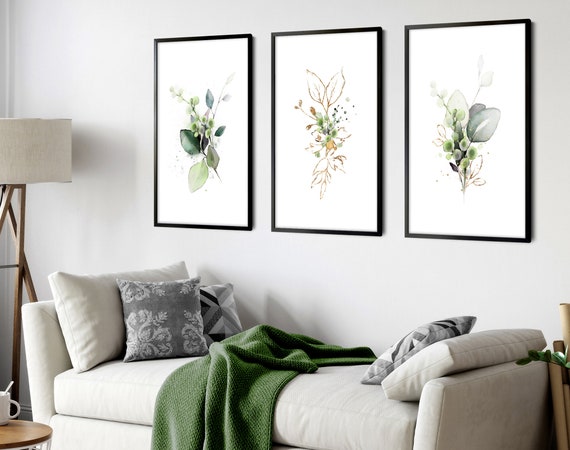Trendy Botanical Watercolor Greenery Living room wall Decor framed 3 piece wall art print Set, Cottage core Designer Wall Art for Apartment