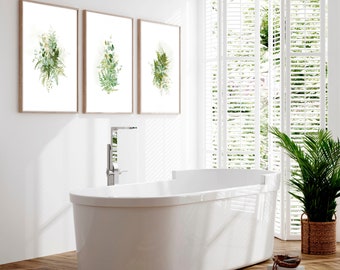 Akvarellgrönt i lantlig stil med inramade väggkonsttryck för en rustik lantlig badrumsinredning, botaniska tryck, toalett och spa-dekor