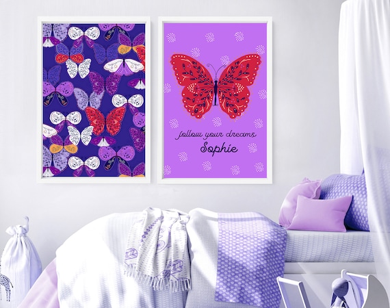 Butterfly set of 2 framed wall art for little girl Nursery decor, Personalised art for Toddler girl wall decor Playroom gallery wall set