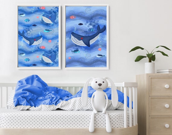 Sea themed nursery decor for baby boys, Set of 2 custom name Whales prints, Underwater bedroom wall art for toddler boy, baby shower gift