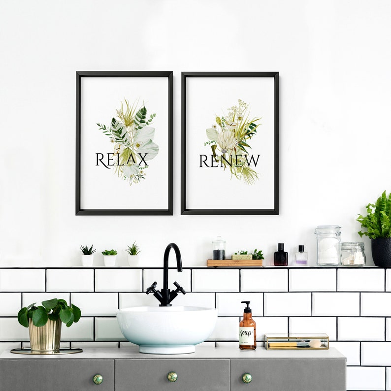 Spa Botanical Bathroom set of 2 framed wall art prints for Bohemian Decor, Relaxation Bathroom Wall Decor gift for new homeowner