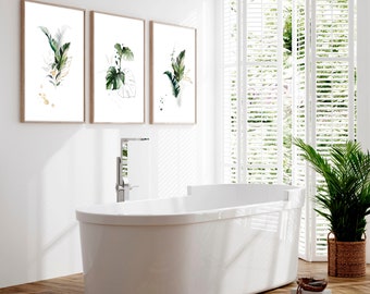 Conjunto emoldurado de 3 impressões de arte de parede com aquarela tropical para decoração de casa e banheiro, arte botânica verde sálvia para decoração de parede de banheiro e spa