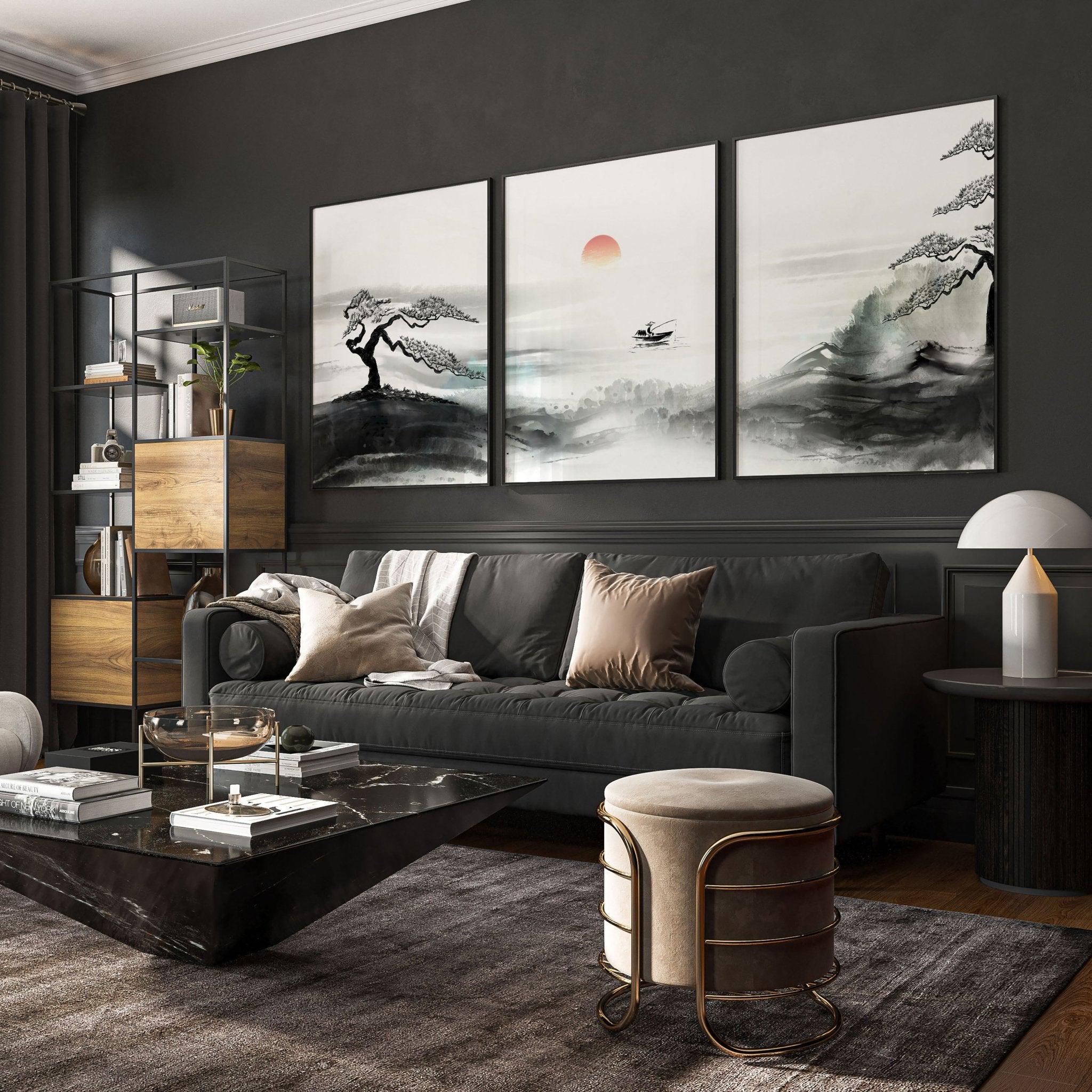 Allposters モノクロ 写真 額付き 73cm×73cm インテリア Japanese Wall Art Decor, Black and White Japandi Framed 3 Piece