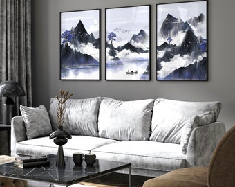 Extra large Triptych Japanese wall art, Mens Japandi calming wall decor living room, Zen wall art framed 3 piece set, Gallery wall hangings