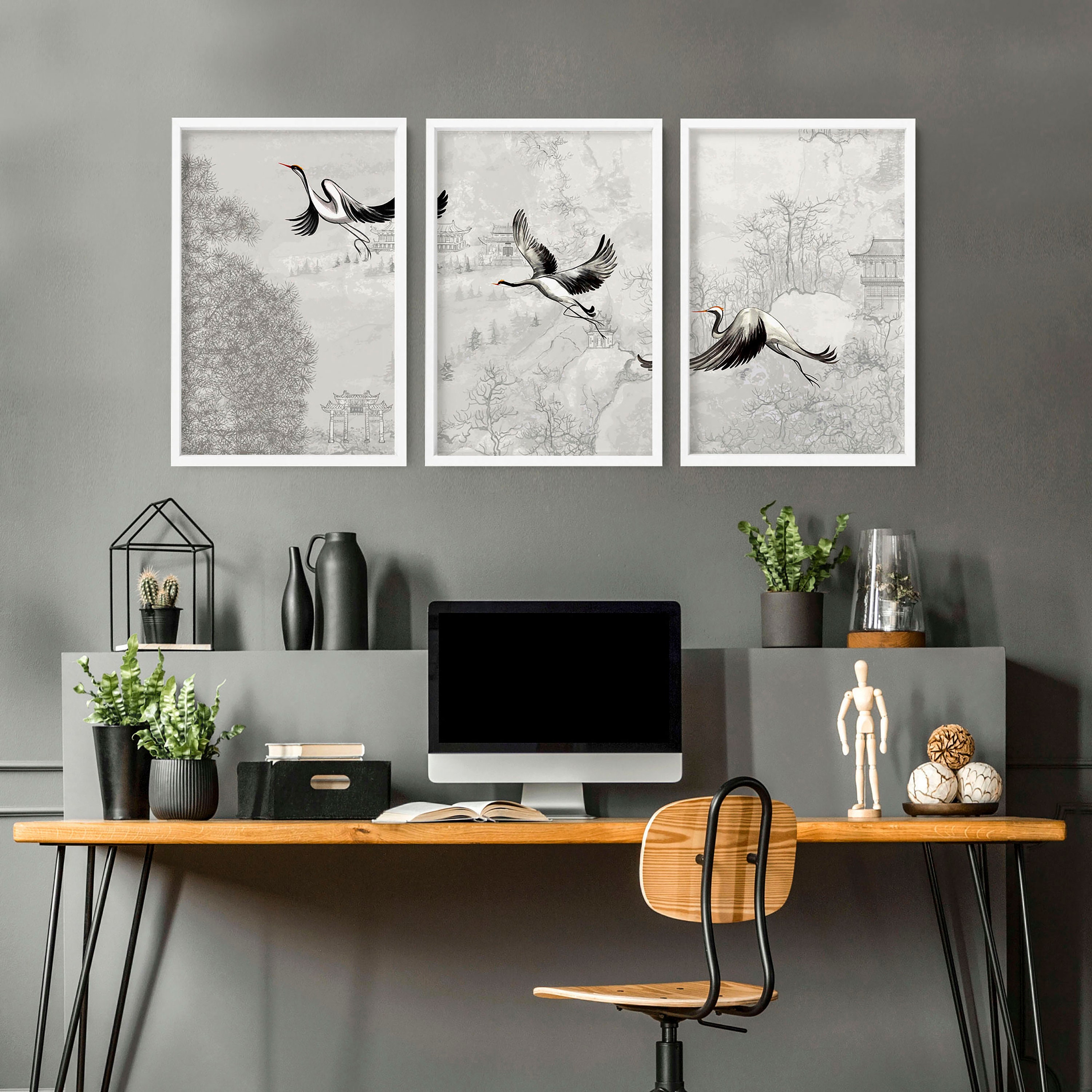 Japanese Inspired Home Office Decor Set of 3 Framed Wall Art