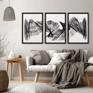 Juego de 3 láminas de arte mural con diseño abstracto de olas fluidas / Láminas grandes para salón / Galería de pared minimalista contemporánea