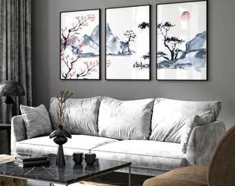 Japanese wall art decor, Japandi Cherry blossom framed 3 piece wall art prints for living room, zen wall hanging home decor set of 3 posters