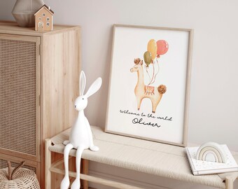 llama nursery art, Boho Nursery decor framed wall art print for unisex bedroom, Custom personalised Name sign for baby room wall decor