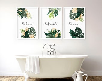 Conjunto de 3 impressões de arte de parede emolduradas com motivos botânicos para decoração de banheiro e spa tropical, impressões de arte de parede com vegetação em aquarela para decoração de banheiro