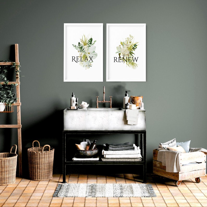 Spa Botanical Bathroom set of 2 framed wall art prints for Bohemian Decor, Relaxation Bathroom Wall Decor gift for new homeowner