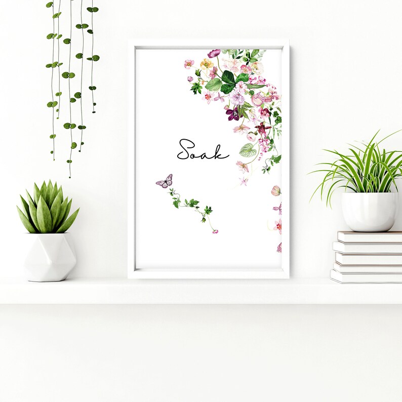 Botanical Floral framed set of 3 wall art prints for a Shabby Chic Bathroom home decor, Relax soak unwind wall prints for Toilet wall Decor