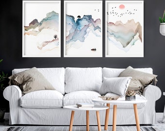 Watercolor Minimal Landscape Mountain Set of 3 Prints, Living room Wall Decor, Above the Bed Wall Art, Home Office Decor wall hangings