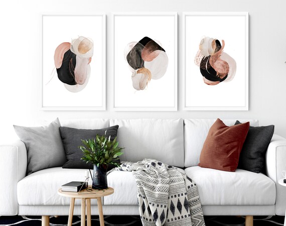 Trendy large abstract painting set of 3 framed wall art prints for living room decor, Contemporary gallery wall art set for new home gift