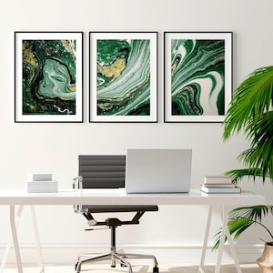Sage Green office desk decor and women set x 3 framed wall art prints, Maximalist abstract marble wall art for a Lawyer calming office decor