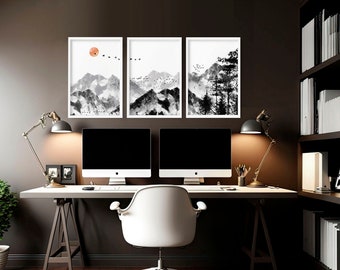 Black and White Japanese Landscape set of 3 framed wall art prints for a calming office desk Decor for men, Asian gallery wall art print set