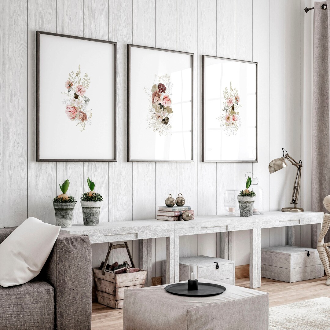 Extra Large Floral Triptych Wall Art, Simply Shabby Chic Framed
