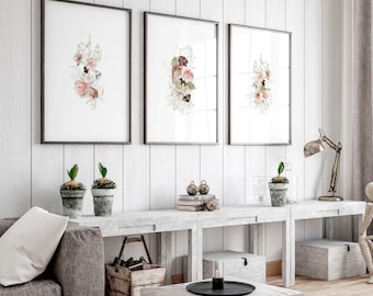 Extra Large Floral Triptych Wall Art, Simply Shabby Chic Framed