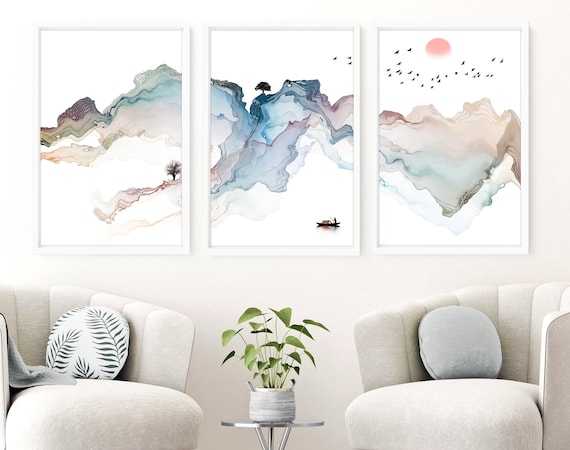 Watercolor painting mountain wall art prints set of 3, office decor gift for women, Home Decor Wall Art, housewarming gift, Japanese art,